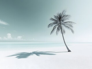 Serene Palm Tree on Pristine White Sand Beach Minimalist Seascape