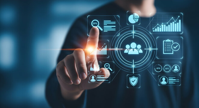 Futuristic interface showing customer data analytics and AI-driven target audience identification. Ideal for marketing, CRM, and business intelligence concepts.