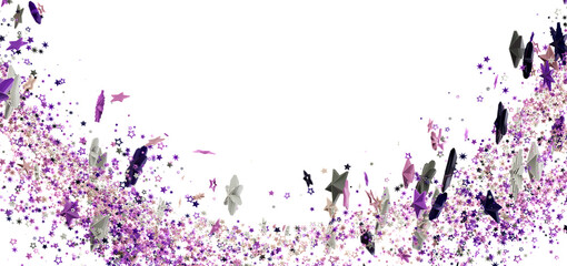 Sparkling purple and silver stars confetti on white. Festive background for celebrations.