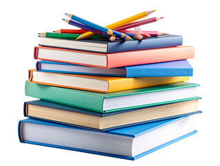 Top View of Colorful Pencils Arranged in a Fan Shape over Open Notebook and Books, PNG Cutout