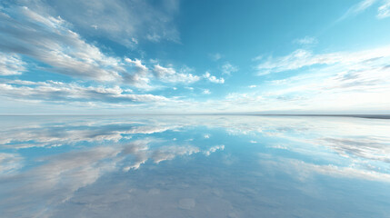 Fototapeta premium The sky and clouds are perfectly mirrored on a vast expanse of tranquil water.
