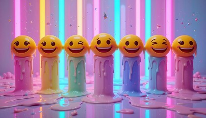 Seven emoji candles with melting wax against a vibrant neon light background setting mood