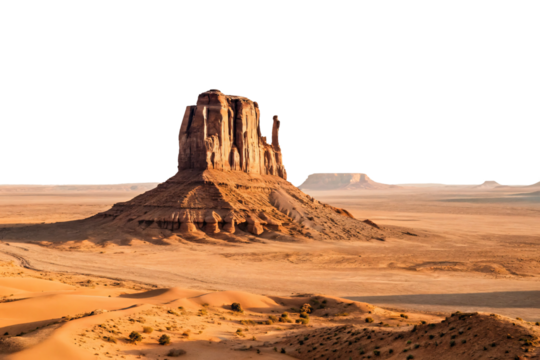 Desert mesa with layered sandstone formations, Monument Valley butte against clear sky, warm golden light on rock, isolated on a transparent background