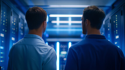 Workers in Server Room with Data Racks and High-Tech Infrastructure