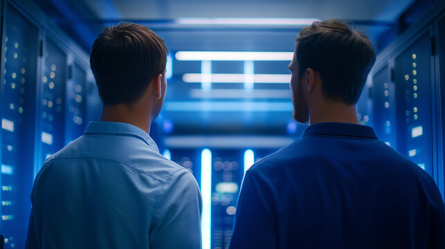 Workers in Server Room with Data Racks and High-Tech Infrastructure