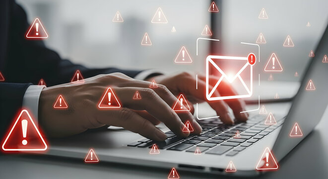 Businessman typing on laptop with warning email icons, representing email threat, phishing attack, malware, data breach, cybersecurity alert, scam message, spam risk, and online fraud protection. - Powered by Adobe
