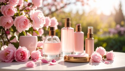 Soft spring sunlight and pink cosmetics
