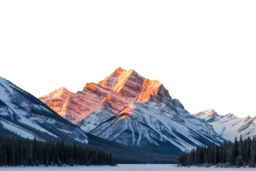 Snow-covered mountain peaks with orange sunset glow and forest, isolated on a transparent background
