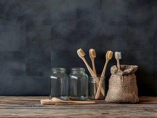 Eco Friendly Bamboo Toothbrushes in Glass Jars on Wooden Table