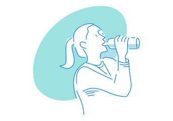 minimalist line art of a woman drinking from a bottle, symbolizing hydration, healthy lifestyle, and refreshment.