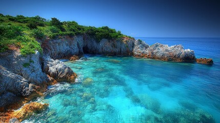 Obraz premium Coastal cliffs overlook turquoise water and rocky shoreline
