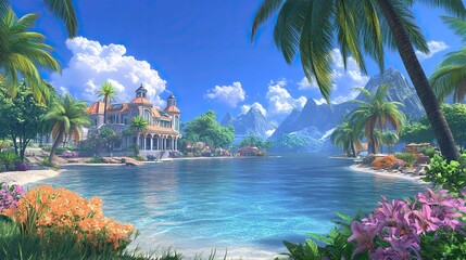 A serene tropical lakeside villa surrounded by palm trees and vibrant flowers with mountains in the background under a clear blue sky.