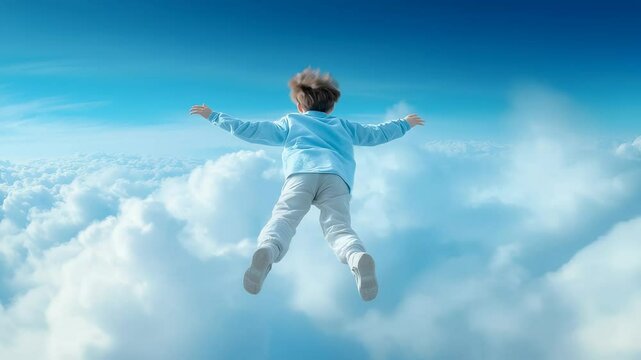 Young boy in blue jacket leaping mid-air through white fluffy clouds against bright blue sky background. Dynamic pose with spread arms and legs. Surreal dreamlike atmosphere.