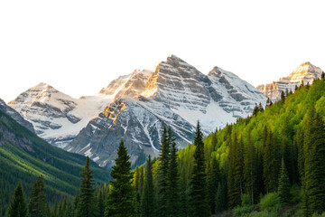 Majestic snow-capped mountain peaks with bright green spring forest and golden hour lighting on rocky summits, isolated on a transparent background