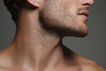 Fototapeta premium Close up of mans jawline and neck with light beard and smooth skin texture showing natural pores and hair growth in soft lighting