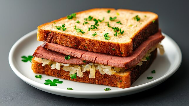 Delicious reuben sandwich with corned beef and sauerkraut on rye bread