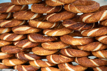 patterns of Stacks of simit, a type of Turkish bread,