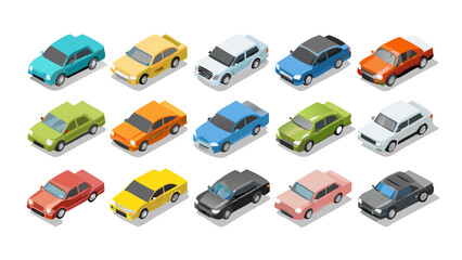 Fototapeta premium Flat Isometric Vector Set of Cars, Trucks, Pickups, and Vans – Top View 