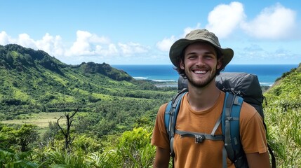 A smiling man with a backpack and hat stands in a lush green landscape with mountains and ocean under a bright blue sky.