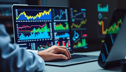 Data analytics and graphs. Analysis of statistical business marketing data. Data scientist using laptop computer to analyze data