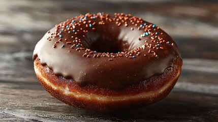 Chocolate donut with sprinkles on wooden surface