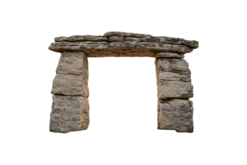Ancient stone trilithon structure with rough-hewn vertical stones supporting horizontal capstone in primitive megalithic construction style, isolated on a transparent background