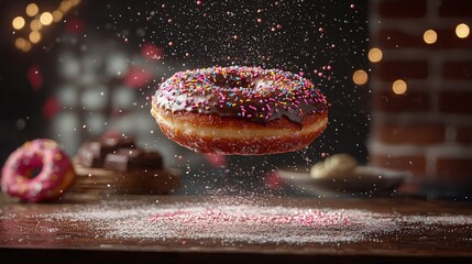 Donut with sprinkles suspended in air against a blurred background