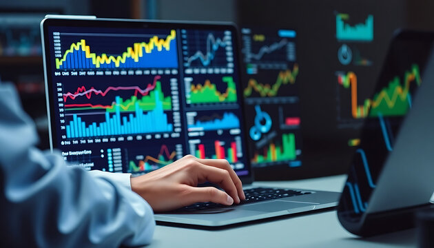 Data analytics and graphs. Analysis of statistical business marketing data. Data scientist using laptop computer to analyze data