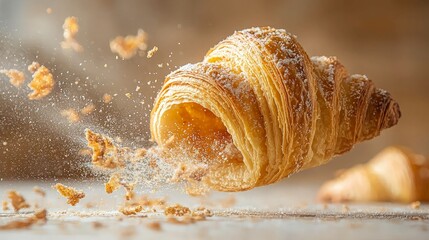 Croissant pastry with sugar dusting and crumbs scattered around