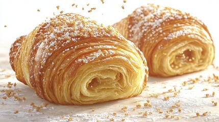 Two croissants dusted with powdered sugar on a wooden surface