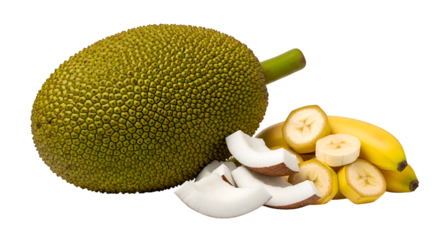 Jackfruit, Bananas, and Coconut Slices Sit Together on a Transparent Background, Close Up