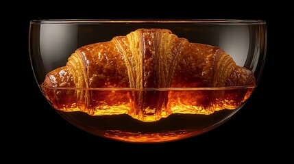 Croissant in glass bowl with amber liquid still life