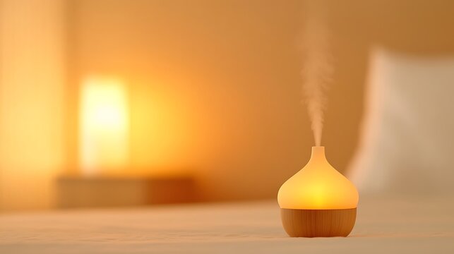 Warmly lit aroma diffuser emitting a gentle mist on a bed