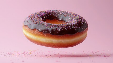 Chocolate donut with sprinkles against pink background