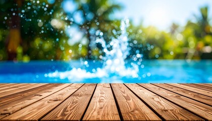 A wooden table and splashing water, with a contrast of brown and blue