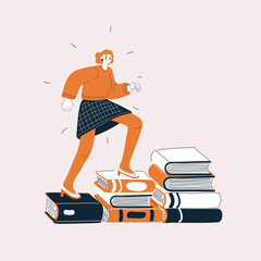 Cartoon vector illustration of a woman ascending a mountain of books, symbolizing the journey of growth, ambition, and personal transformation