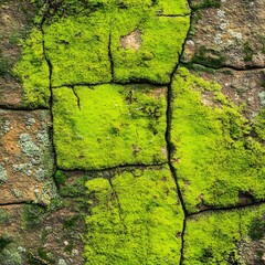 Vibrant Green Moss Growing on Cracked Stone Wall Texture