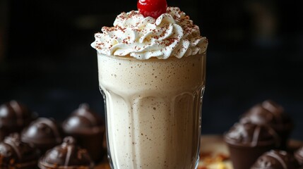 Chocolate milkshake with whipped cream and cherry topping