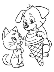 Obraz premium A cartoon kitten and puppy sitting together sharing an ice cream cone. Friendly line art, black and white, great for friendship-themed coloring pages