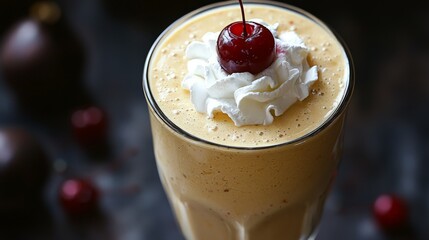 Creamy milkshake with cherry and whipped cream topping
