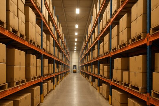 A wide, clear shot of a modern, organized warehouse with tall shelves full of boxes.