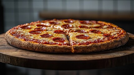 Pepperoni pizza on wooden board with two slices removed