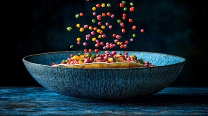 Colorful candy falling into a blue ceramic bowl