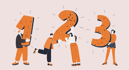 Vector illustration of people lifting numbered blocks one, two, and three together, symbolizing progressive steps, teamwork, and collective achievement