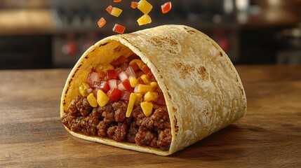 Burrito with meat and vegetables on wooden surface