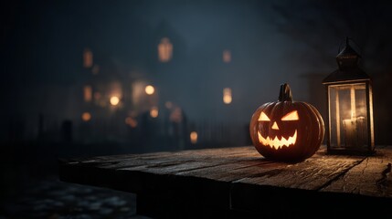 Fototapeta premium A spooky Halloween pumpkin with glowing eyes and lanterns, set against the backdrop of an old house in autumn.