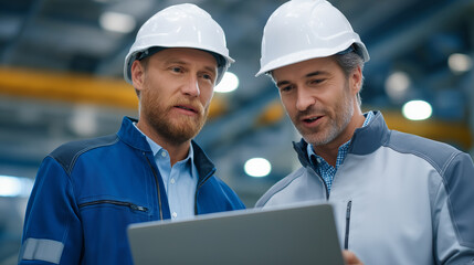 Engineers Reviewing Blueprint on Laptop in Factory Environment