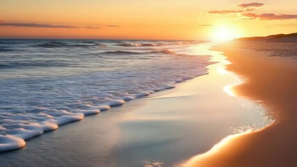 Ocean waves rolling gently on sandy beach with golden hour lighting and animated reflections, loop animation - Powered by Adobe