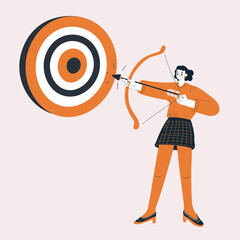 Cartoon vector illustration of a woman releasing an arrow toward a glowing target, symbolizing sharp focus, ambition, and precise goal-setting