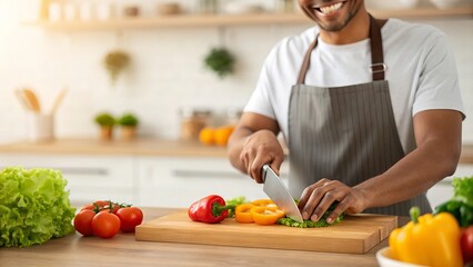 A cheerful man wearing an apron is slicing fresh vegetables on a wooden cutting board in a bright kitchen
